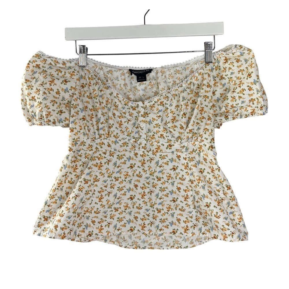 Arden B Floral Milkmaid Top Off Shoulder Puff Sleeve Smocked Peplum Cream Large‎